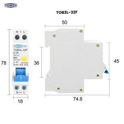 TOMZN TOB3L-32F 18MM RCBO 10A 1P+N 6KA Residual Current Circuit
